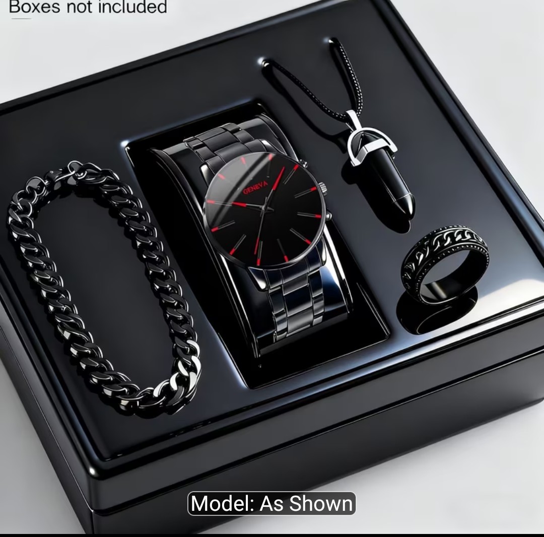 4pcs Fashion Men's Round Quartz Watch Set