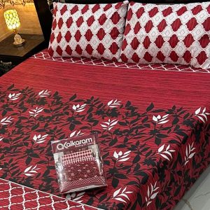Double Bed Sheet Set Red Floral Cotton Salonica 3 Pcs – Soft Printed Bedsheet with 2 Pillow Covers